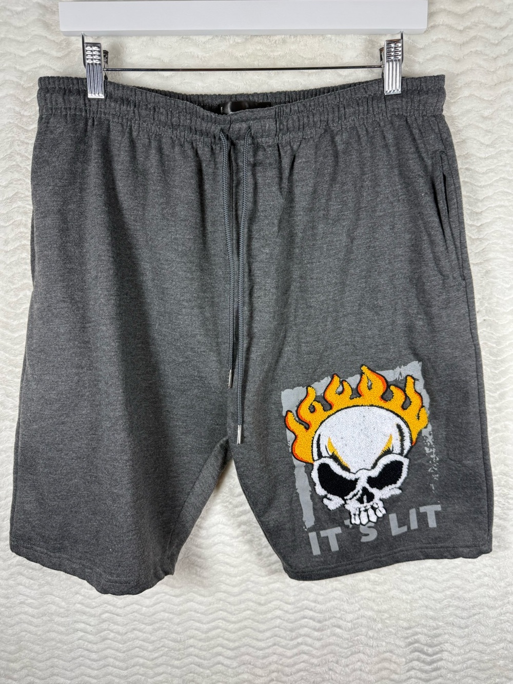 Public Record Flame Skull Print Mens Sweat Shorts in charcoal gray. Style and 🔥🔥